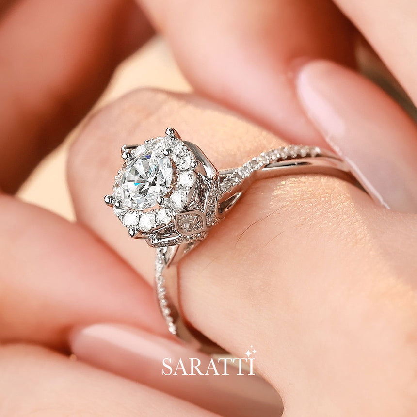 Unique Diamond Engagement Ring with Unique Flower Design on the side of the Shank and set in 18K White Gold | Saratti Jewelry