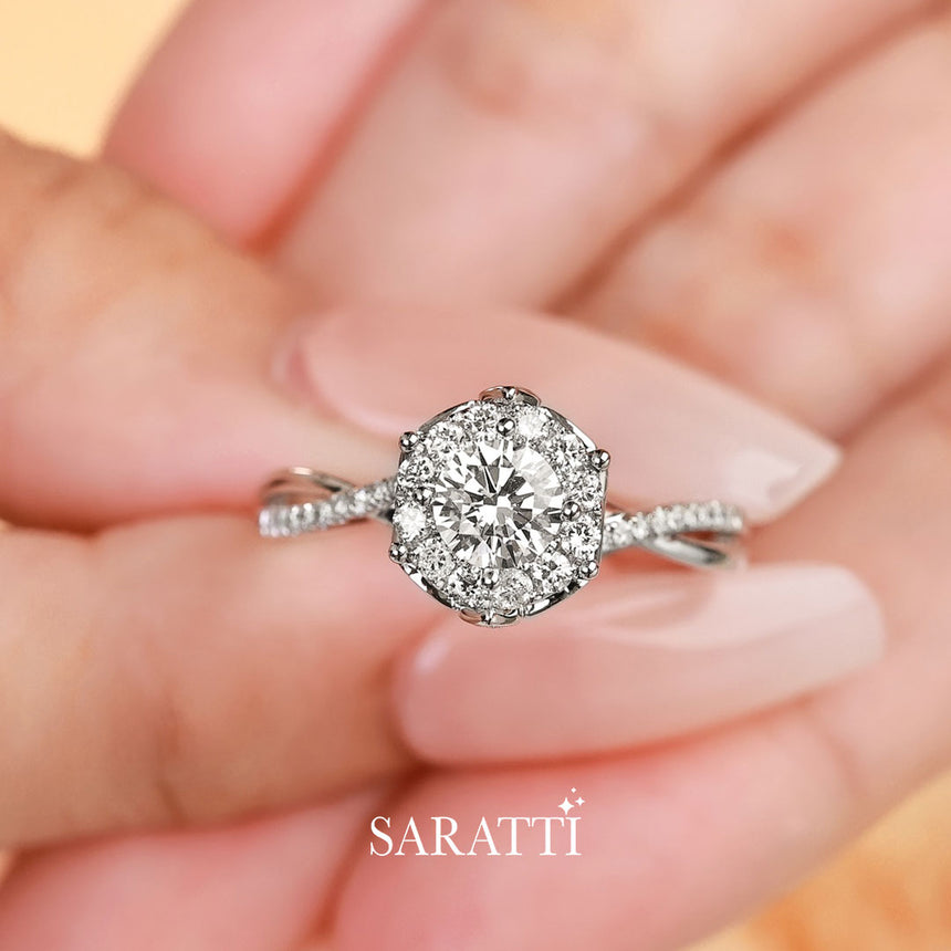 Round Diamond Halo Engagement Ring with Split Shank Design | Saratti Jewelry