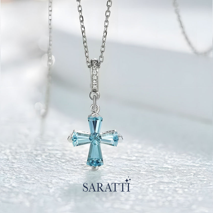 Special Design Cross Necklace with Natural Aquamarine and Diamonds 18K White Gold | Saratti Jewelry