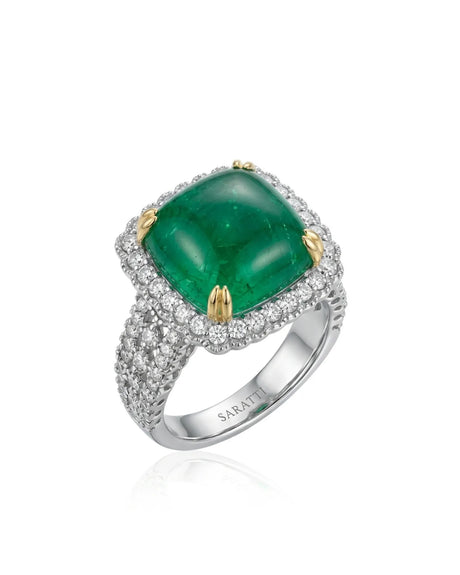VERDARA 9.13ct cushion sugar emerald diamond halo statement ring in refined 18K gold | SARATTI