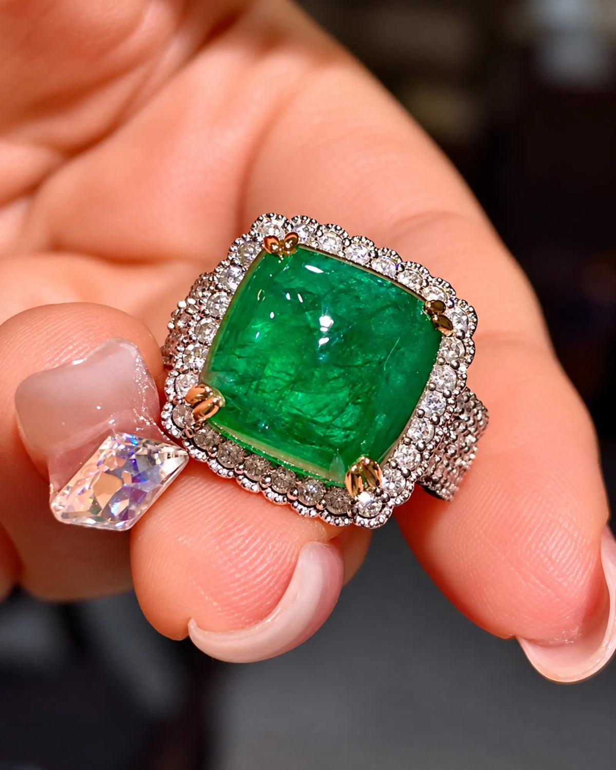 VERDARA emerald cushion diamond halo ring - SARATTI