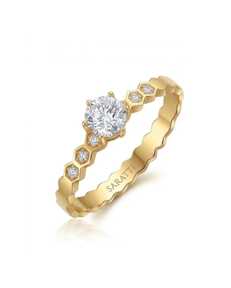 Venti Anima Gemella II natural round diamond engagement ring 45-degree view with sculpted hexagonal band in 18K yellow gold | SARATTI