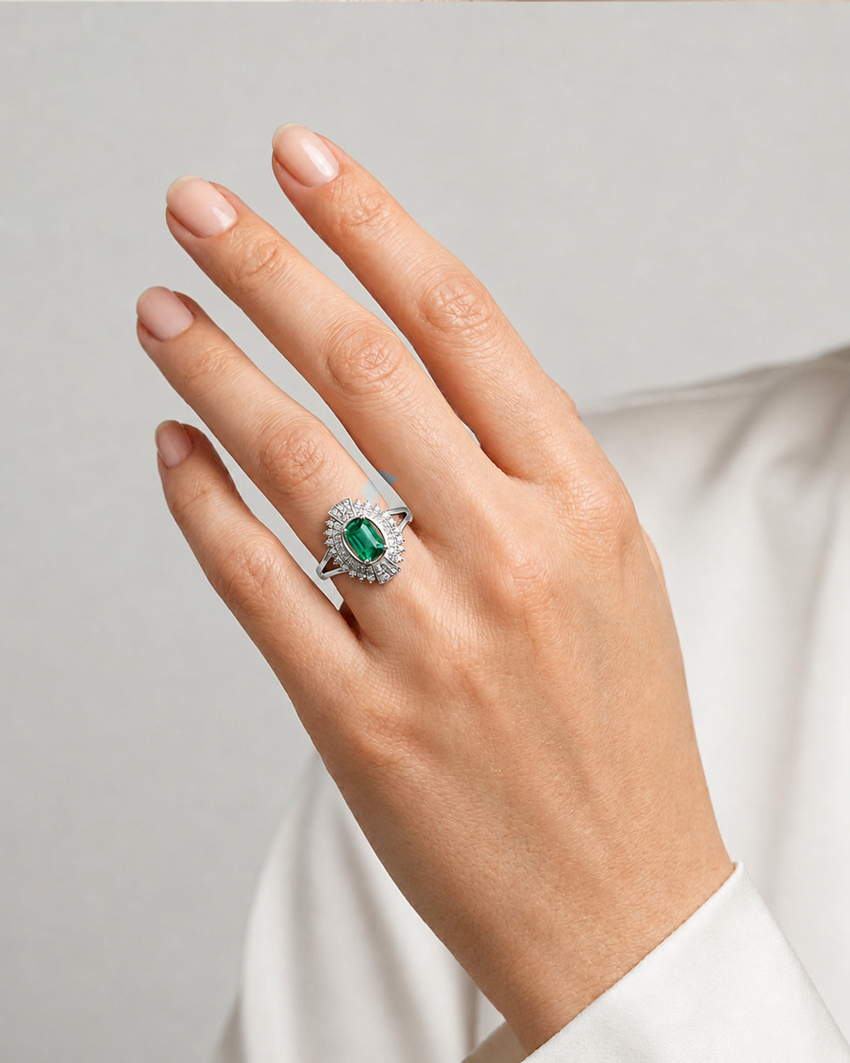 Verdant Orbit Natural Emerald & Diamond Halo Ring Platinum