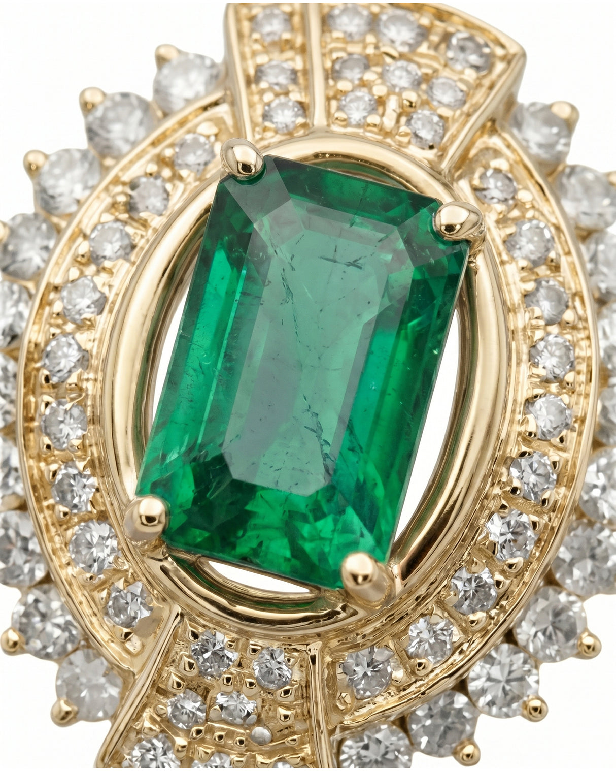 Verdant Orbit Natural Emerald & Diamond Halo Ring Yellow Gold