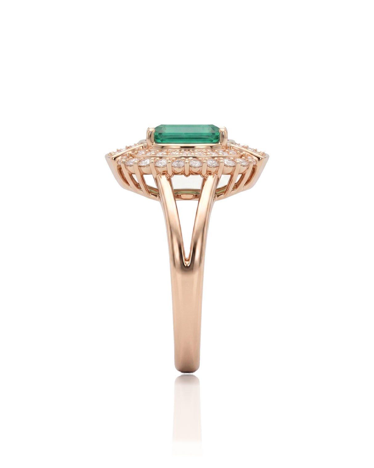 Verdant Orbit Natural Emerald & Diamond Halo Ring in Rose Gold