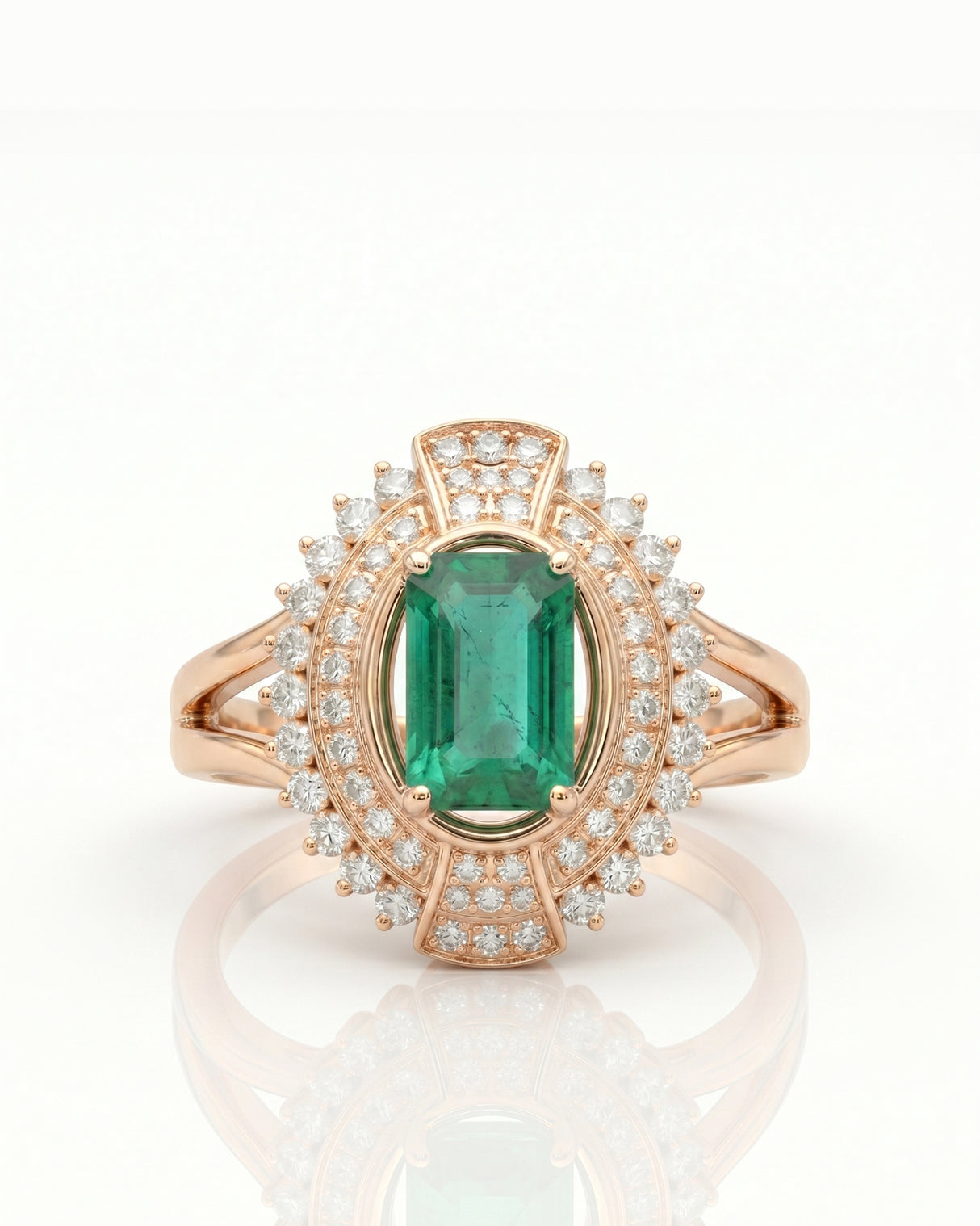 Verdant Orbit natural emerald and diamond halo ring in 18K Rose Gold | SARATTI