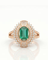Verdant Orbit natural emerald and diamond halo ring in 18K Rose Gold | SARATTI