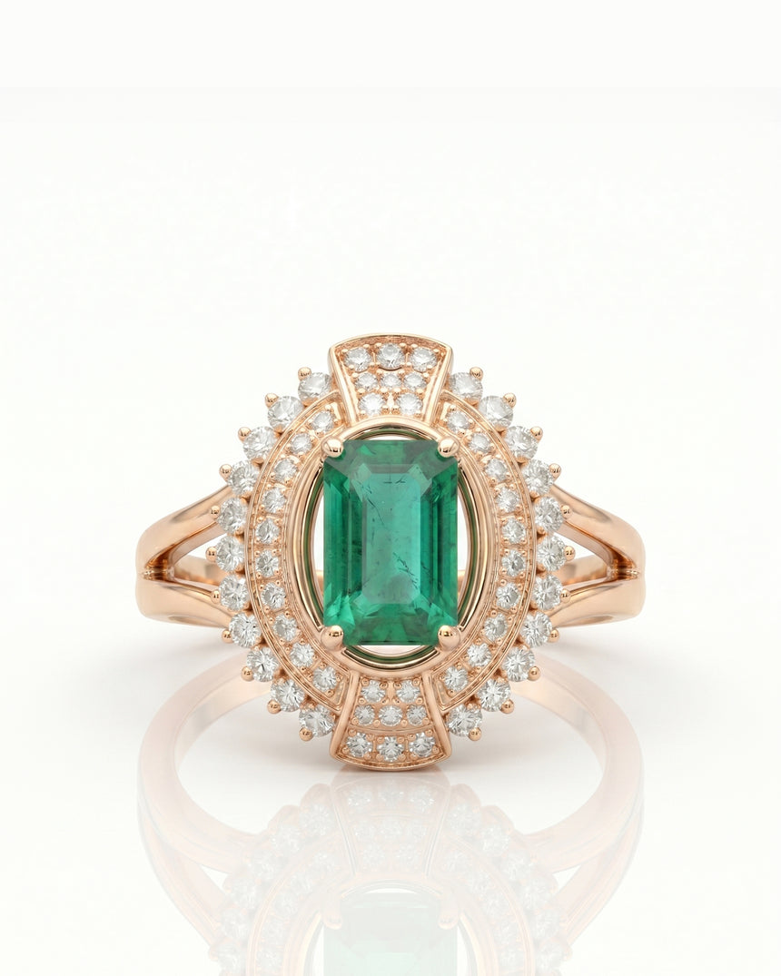 Verdant Orbit natural emerald and diamond halo ring in 18K Rose Gold | SARATTI