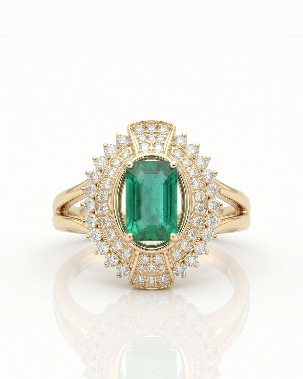Verdant Orbit natural emerald and diamond halo ring in 18K Yellow Gold | SARATTI