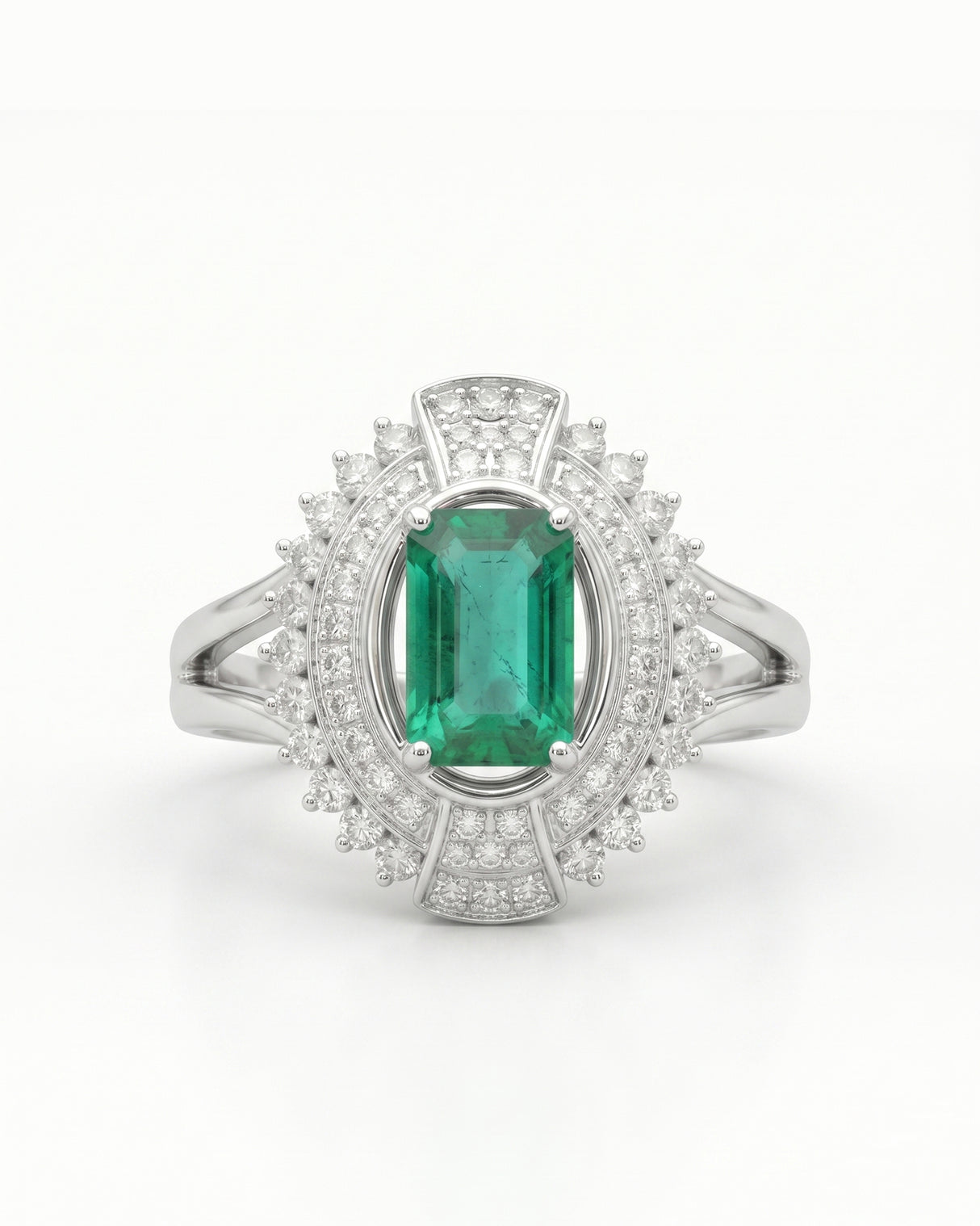 Verdant Orbit natural emerald and diamond halo ring in Platinum | SARATTI