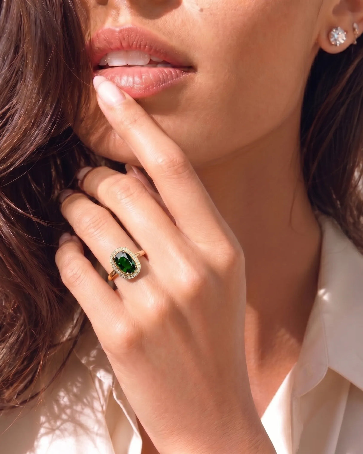 Verdantia diamond halo tourmaline ring with oval green gemstone in 18K yellow gold | SARATTI