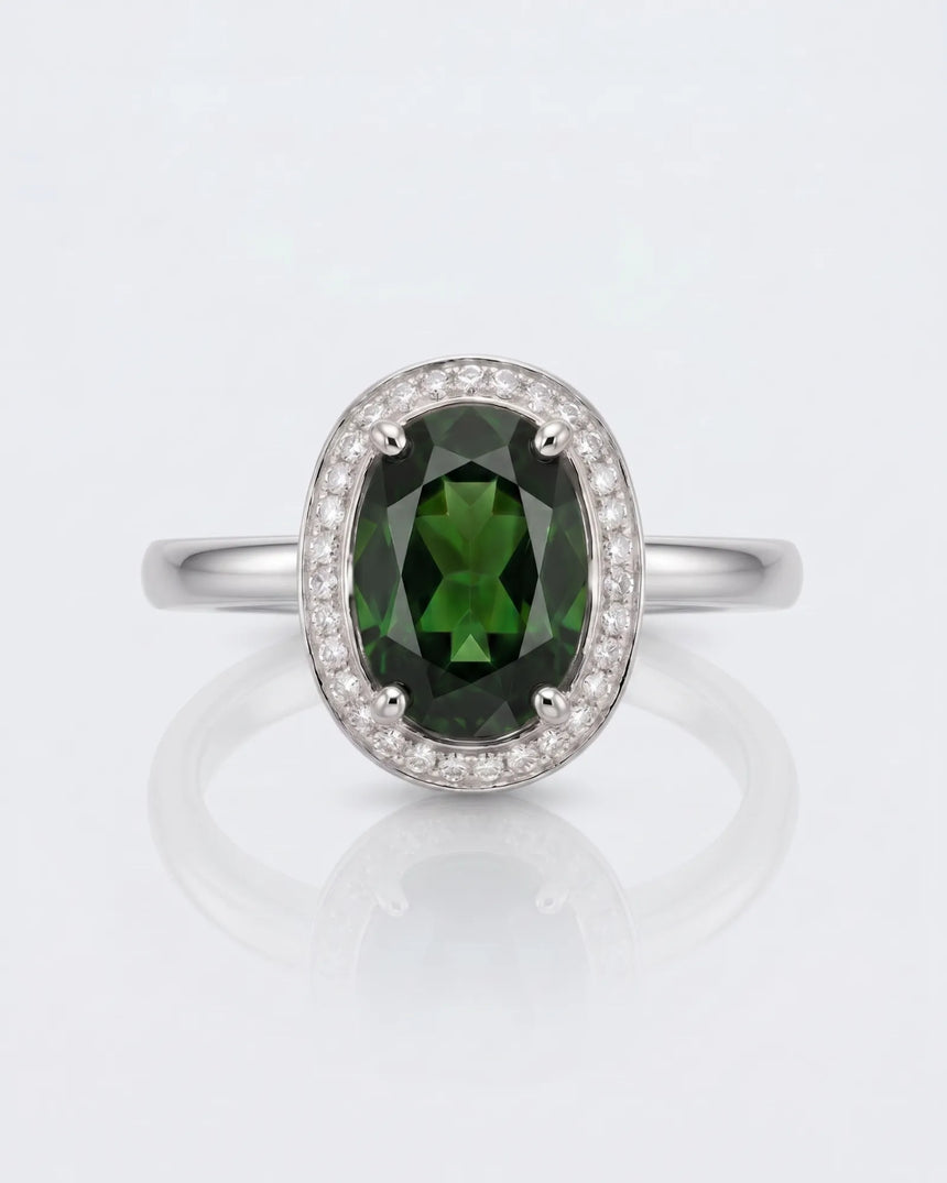 Verdantia diamond halo tourmaline ring with oval green gemstone in polished platinum | SARATTI
