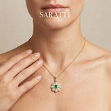 Verde Fleur floral emerald pendant necklace in yellow gold tone | SARATTI
