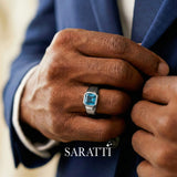 Mens blue topaz ring Asscher cut center stone detail in 18K white gold | SARATTI