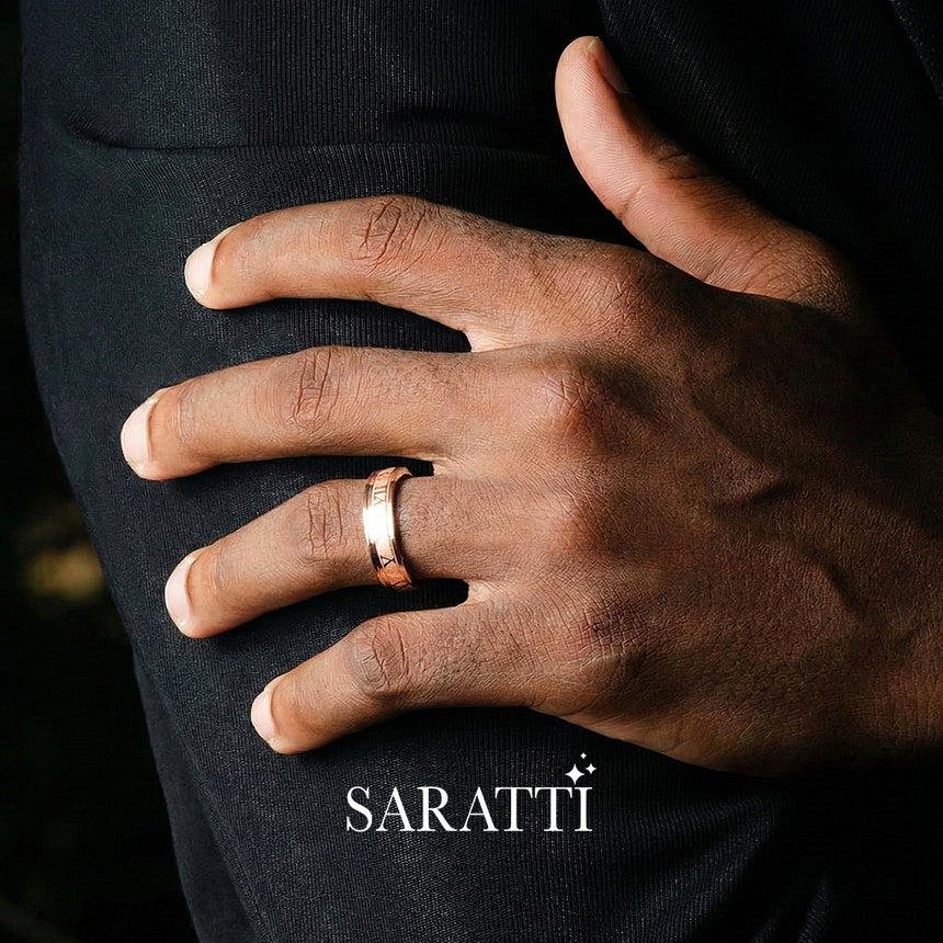 Roman Numeral ring worn on hand in 18K rose gold | SARATTI