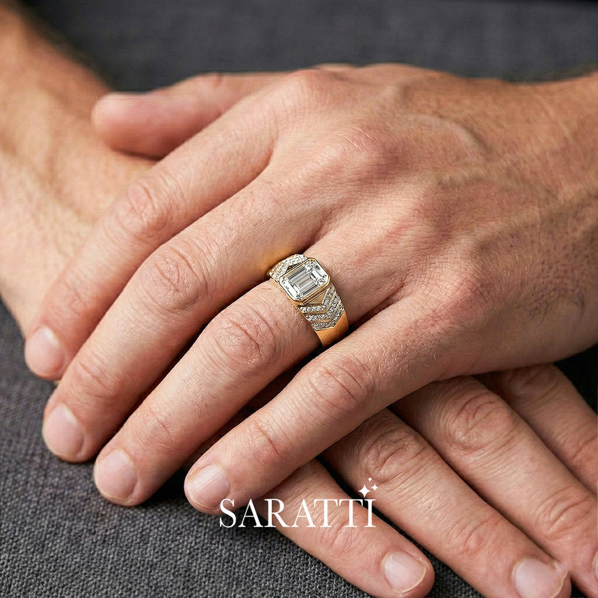Emerald cut diamond wedding band handcrafted tension set diamond ring in 18K yellow gold | SARATTI