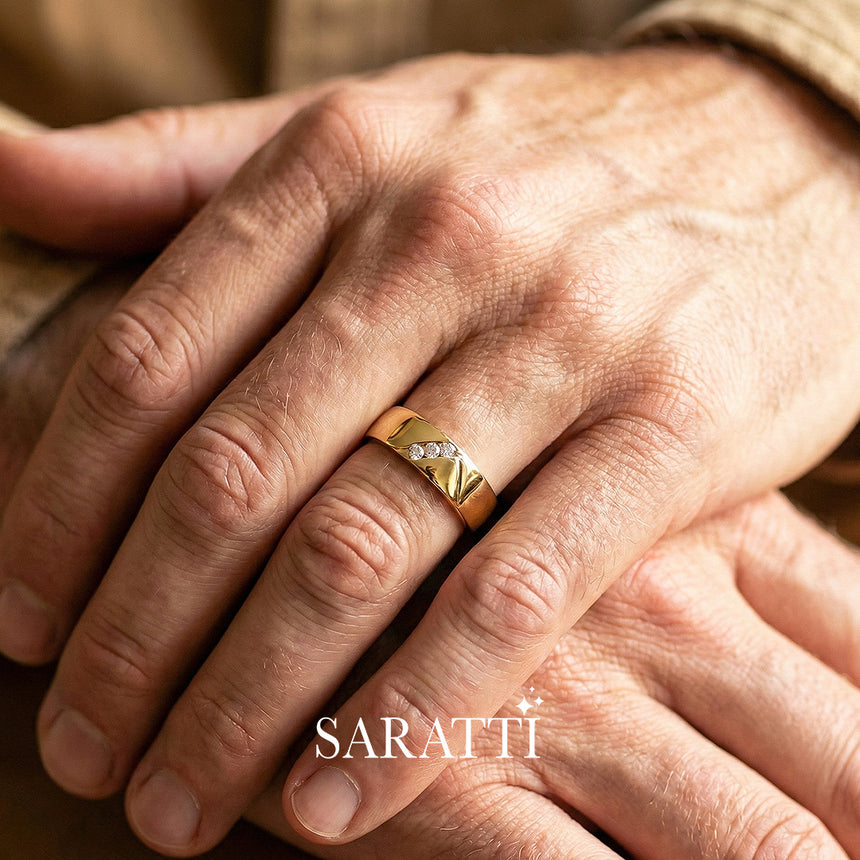4mm mens wedding band triangular design diamond detail in 18K yellow gold | SARATTI