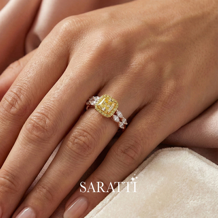 Yellow diamond promise ring on a model yellow gold | SARATTI