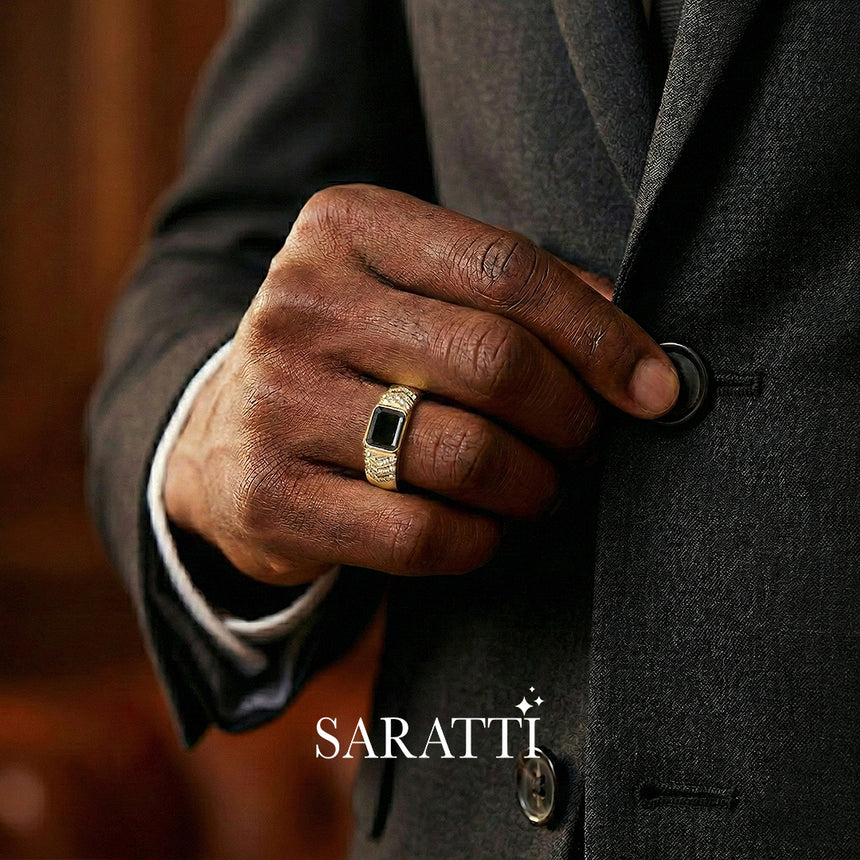6mm mens wedding band with black diamond worn on hand in 18K yellow gold | SARATTI