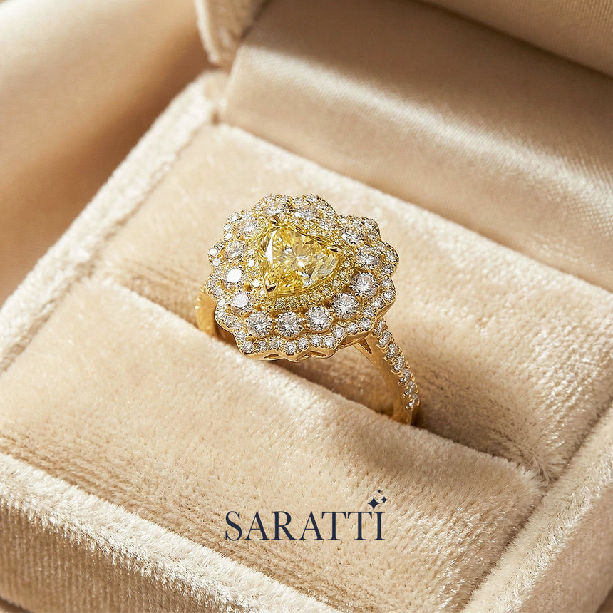 Vintage Yellow Diamond engagement ring inside box luxury handcrafted ring in 18K yellow gold | SARATTI
