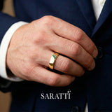 Mens emerald ring round emerald channel set detail in 18K yellow gold | SARATTI