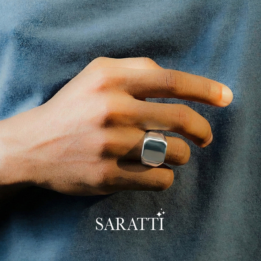Architectural men’s signet ring 18k white gold bold square face | SARATTI
