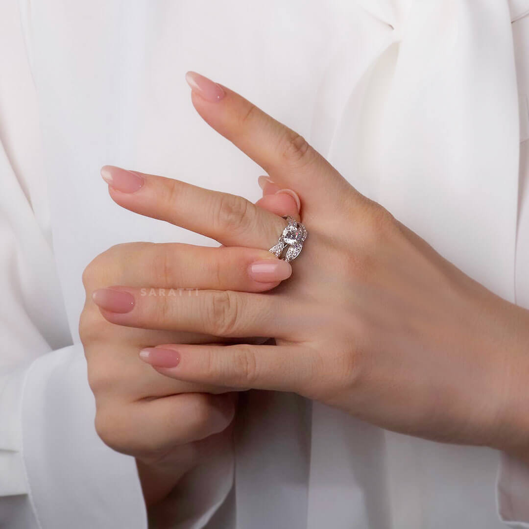 Stackable Twisted Shank 18K White Gold Floating Diamond Eternity Ring Bridal Set on Model's Hand | Saratti