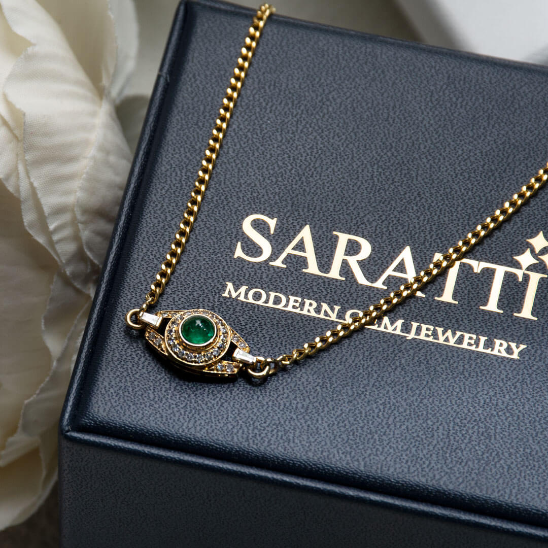 Anima Hera Emerald Pendant Necklace against Saratti background | Saratti Fine Jewelry 