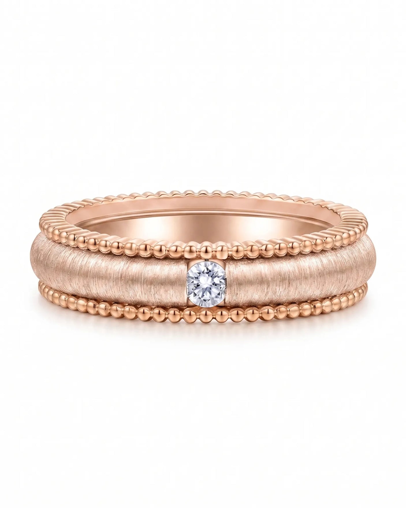 Vintage-inspired 18K rose gold wedding ring with textured center, beaded edges, and geometric detailing | SARATTI