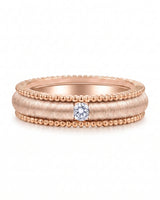 Vintage-inspired 18K rose gold wedding ring with textured center, beaded edges, and geometric detailing | SARATTI