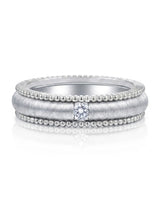 Vintage-inspired 18K white gold wedding ring with textured center, beaded edges, and geometric detailing | SARATTI