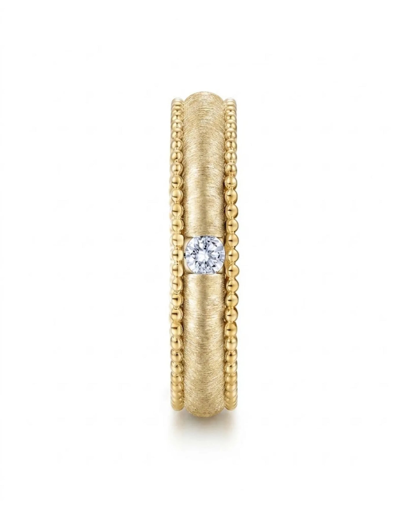 Vintage-inspired 18K yellow gold wedding ring with textured center, beaded edges, and geometric detailing | SARATTI