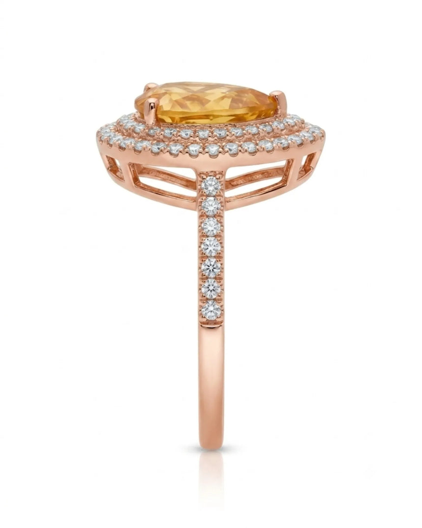 Vintage-inspired citrine ring featuring layered round diamonds and a sculpted 18K rose gold gallery | SARATTI