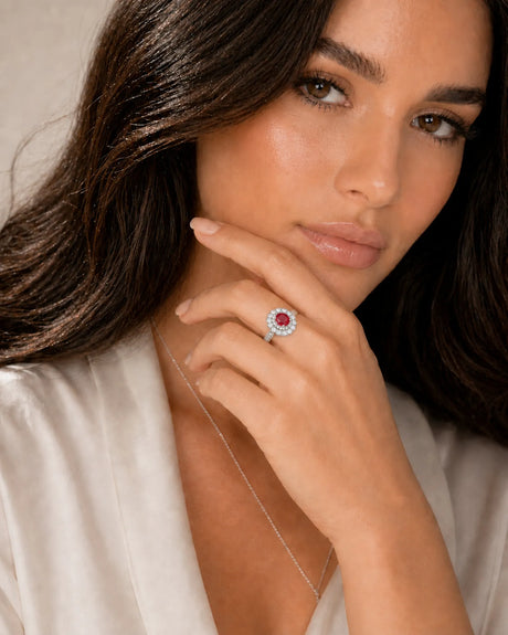 Vintage-inspired ruby diamond ring with radiant halo design in 18K White Gold | SARATTI
