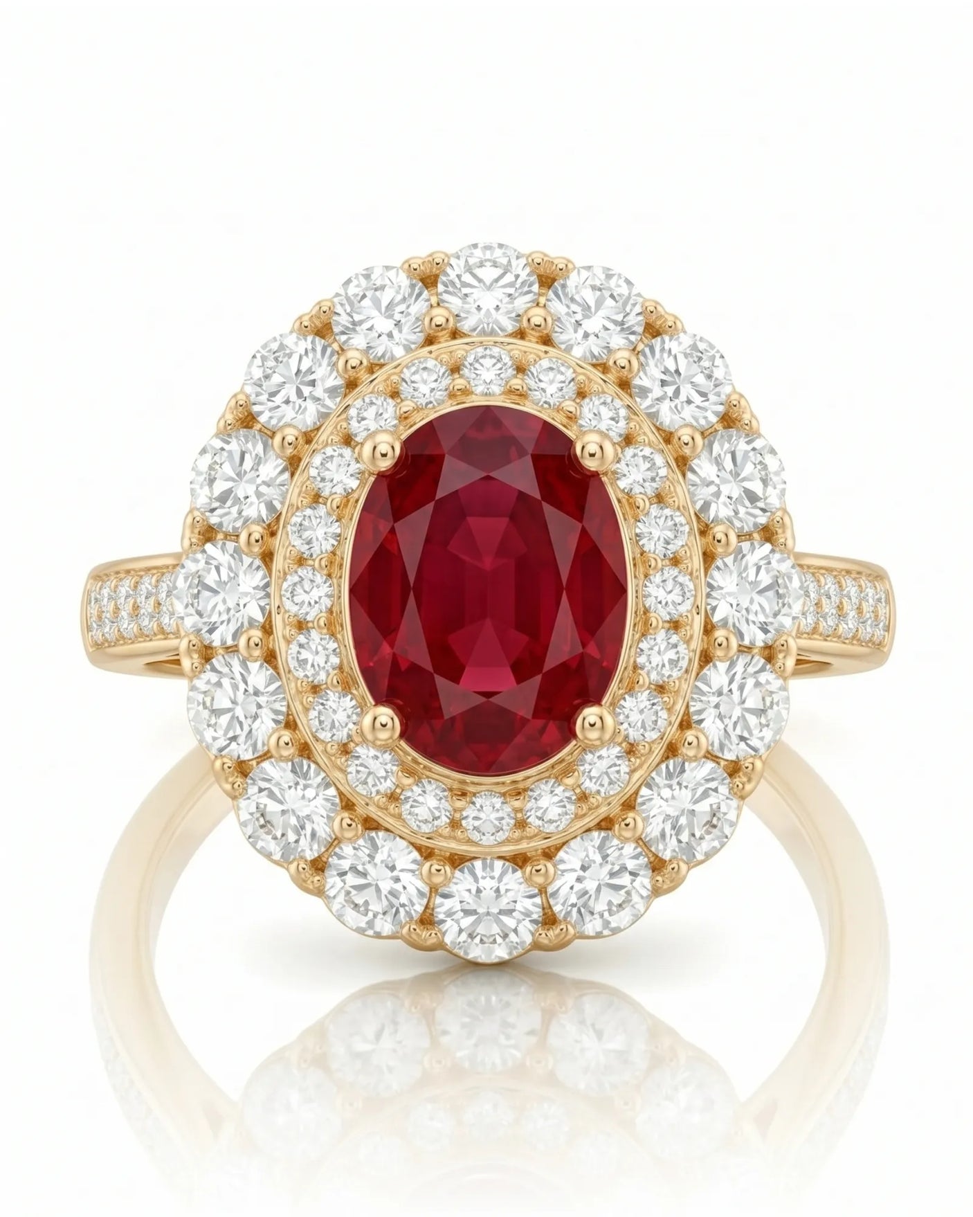 Vintage-inspired ruby diamond ring with radiant halo design in 18K Yellow Gold | SARATTI
