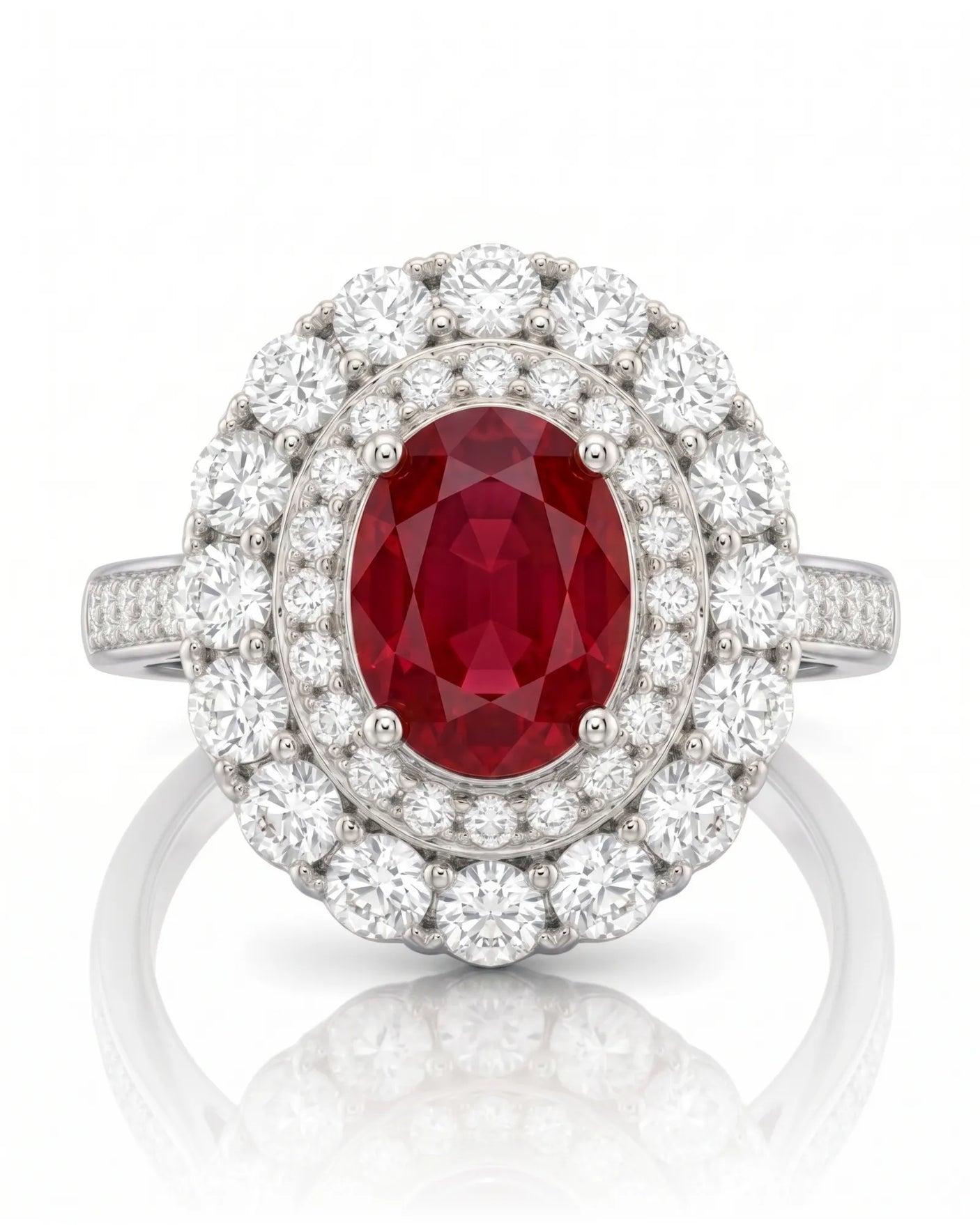 Vintage-inspired ruby diamond ring with radiant halo design in Platinum | SARATTI