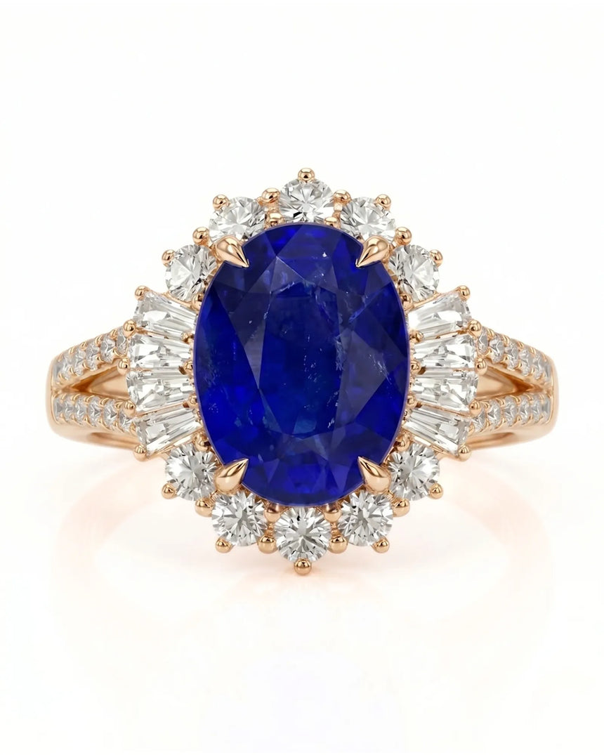 Vintage-inspired sapphire ring with tapered baguette diamonds and romantic rose gold setting | SARATTI
