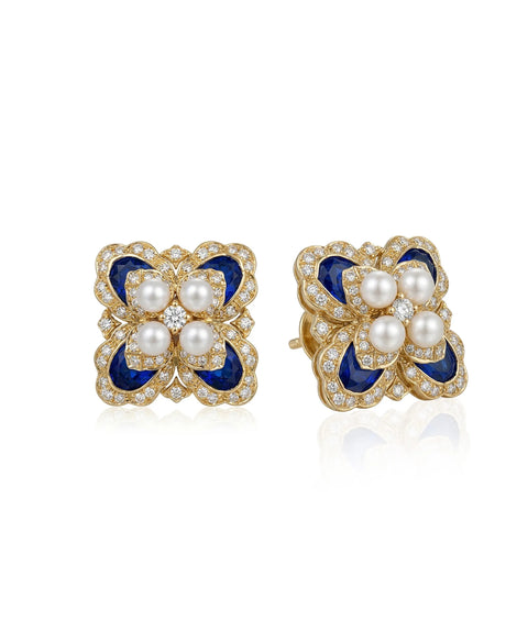 18K yellow gold natural blue sapphire Akoya pearl diamond floral stud earrings front view | SARATTI