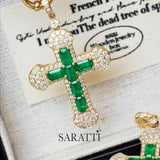 Vintage Inspired Natural Emerald and Diamond 18K Yellow Gold Necklace - SARATTI