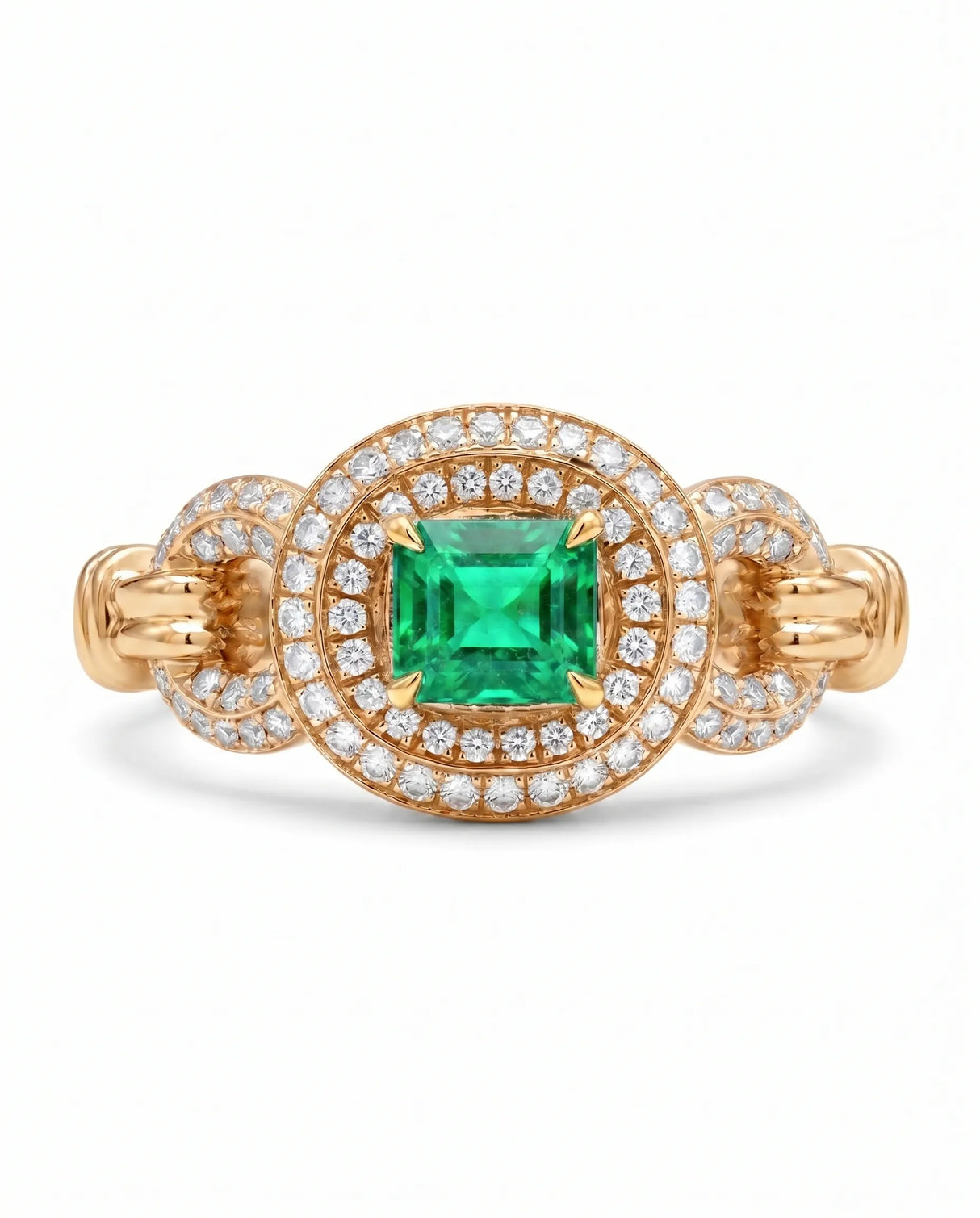 Vintage inspired natural emerald and diamond halo ring in 18K Rose Gold | SARATTI