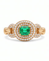 Vintage inspired natural emerald and diamond halo ring in 18K Rose Gold | SARATTI