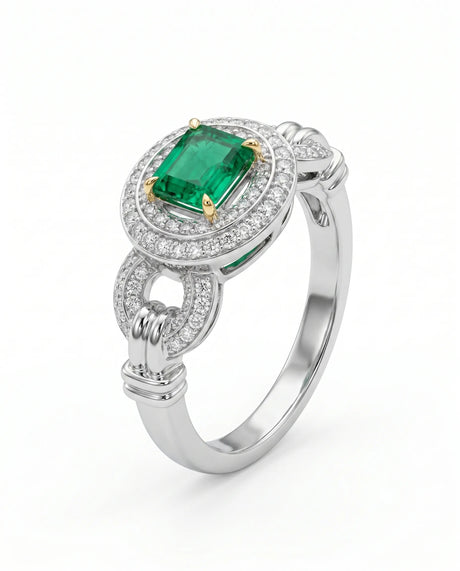 Vintage inspired natural emerald and diamond halo ring in 18K White Gold | SARATTI