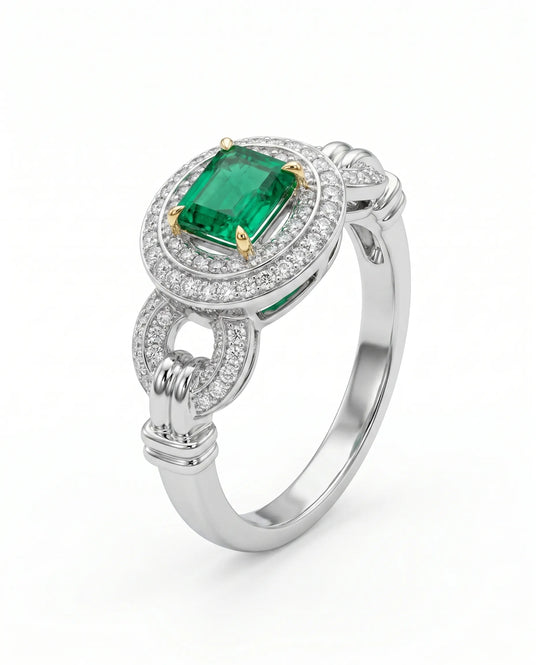 Vintage inspired natural emerald and diamond halo ring in 18K White Gold | SARATTI