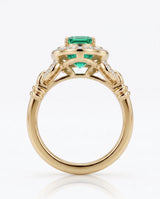 Vintage inspired natural emerald and diamond halo ring in 18K Yellow Gold | SARATTI
