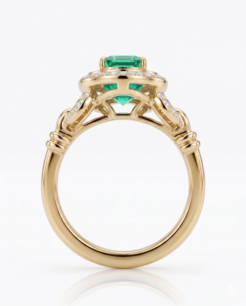 Vintage inspired natural emerald and diamond halo ring in 18K Yellow Gold | SARATTI