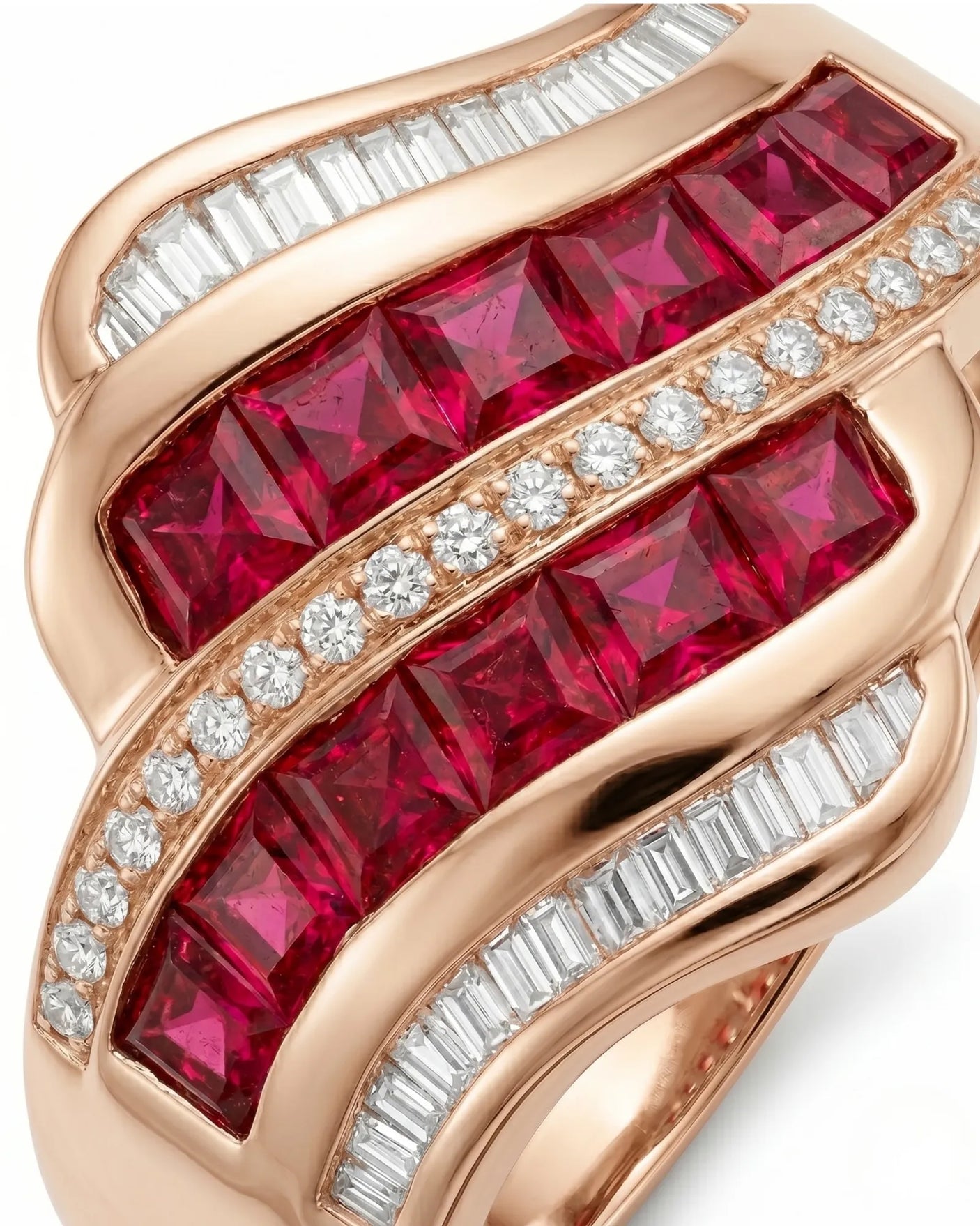Vintage inspired ruby ring with baguette and round diamonds in rose gold | SARATTI