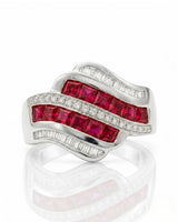 Vintage inspired ruby ring with baguette and round diamonds in white gold | SARATTI