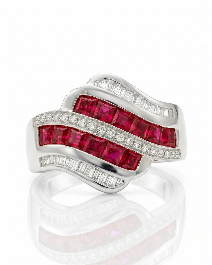 Vintage inspired ruby ring with baguette and round diamonds in white gold | SARATTI