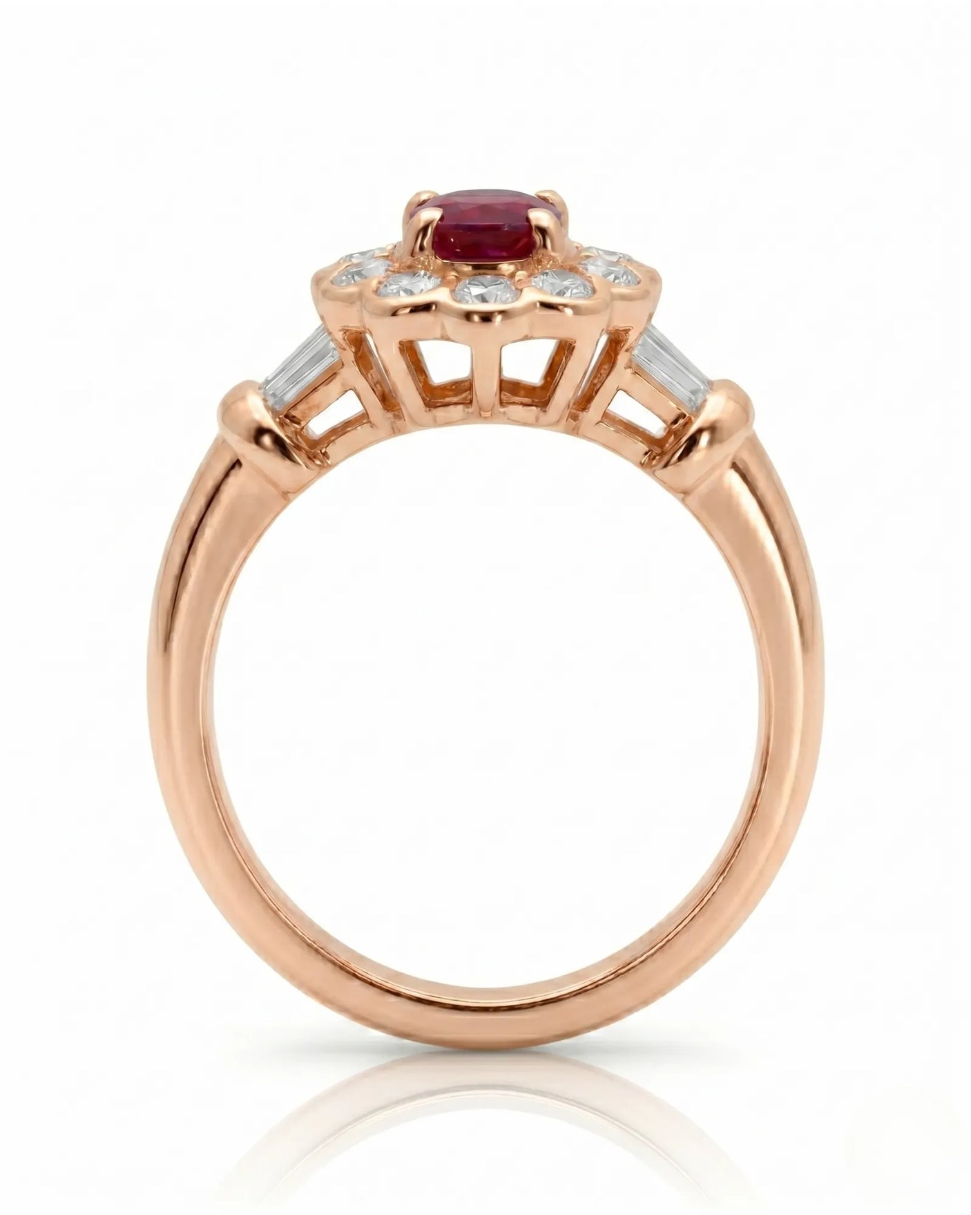 Vintage inspired ruby ring with round diamond halo in romantic rose gold | SARATTI