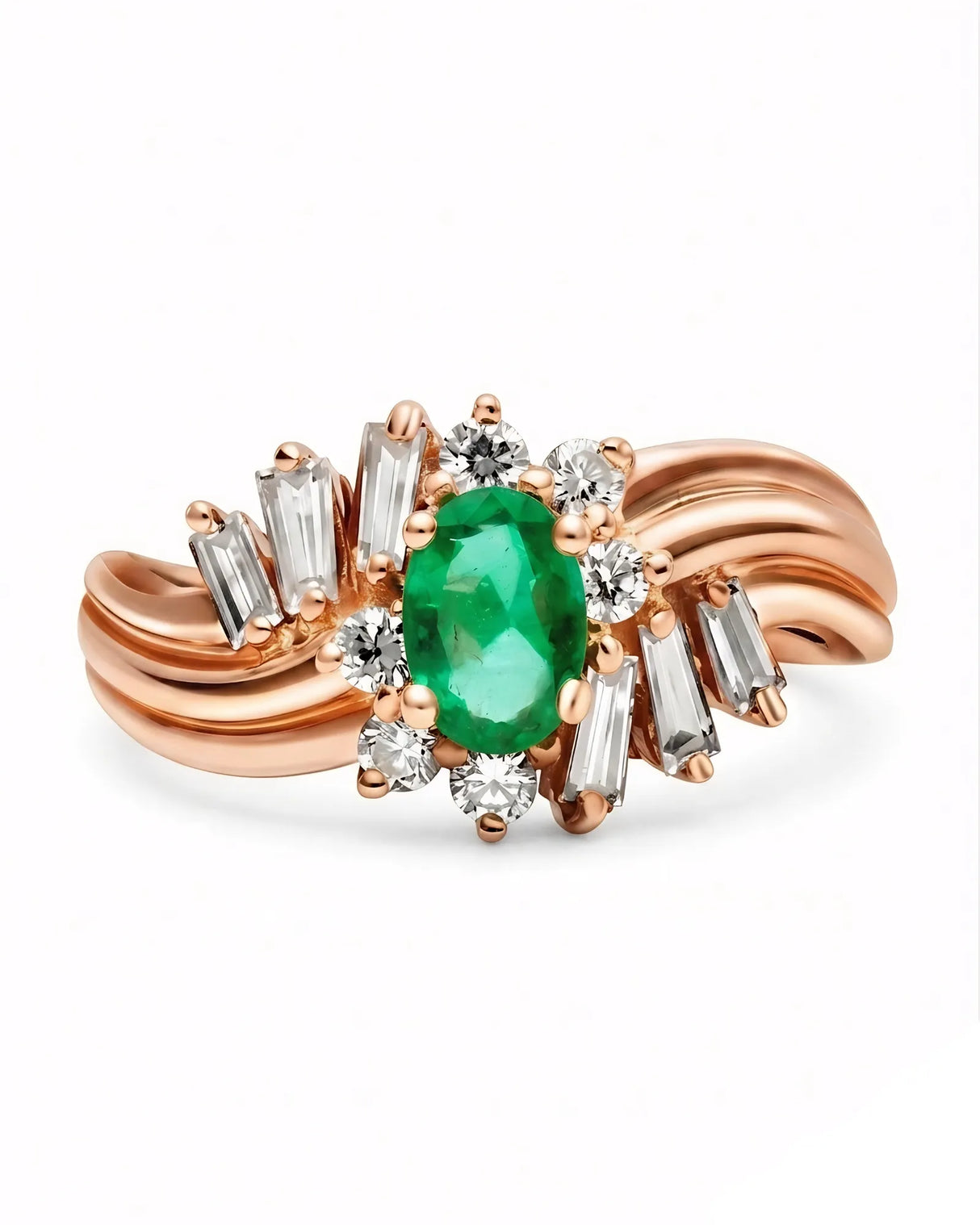 Vintage modern natural emerald diamond statement ring in 18K rose gold | SARATTI